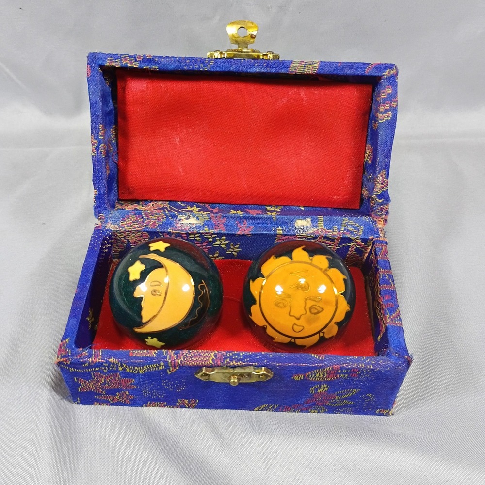 Vintage Shouxing Baoding Balls Sun Moon Celestial Green Enamel Chime Set w/ Box
